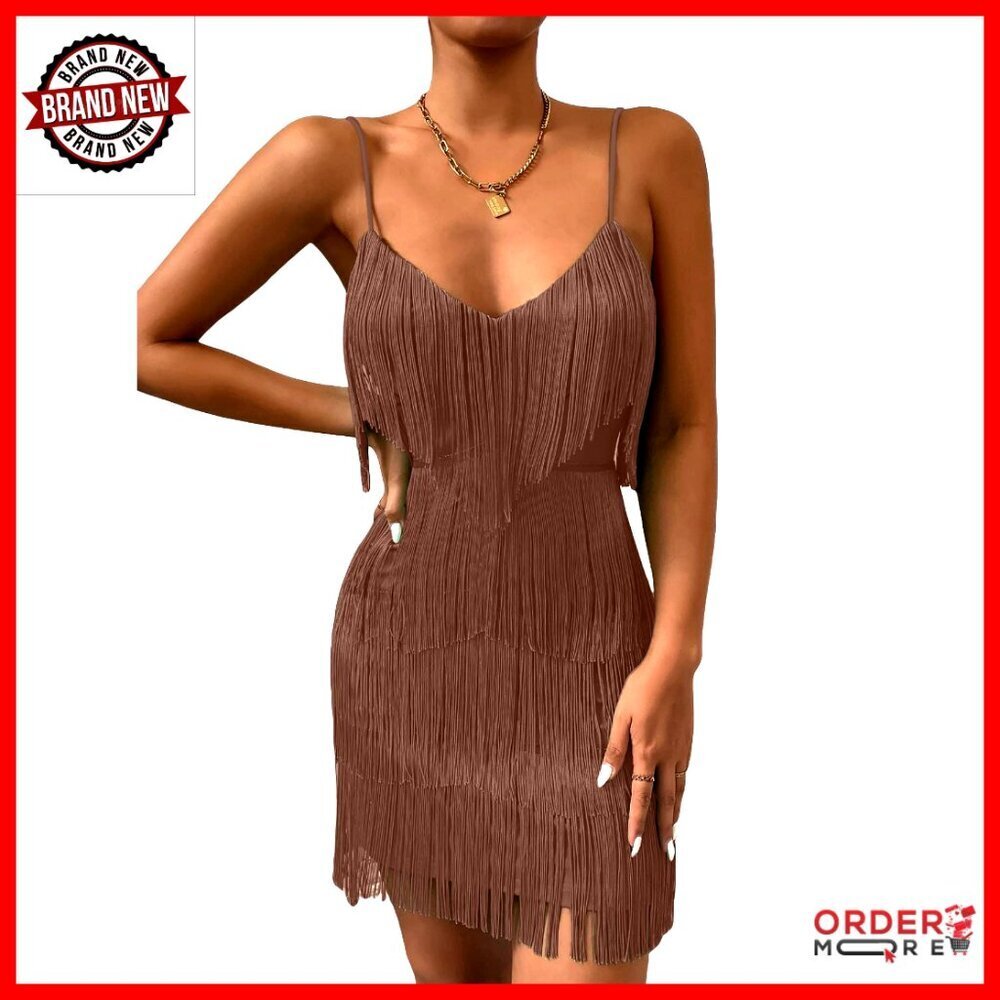 Spaghetti Strap Fringe Trim V Neck Sleeveless Bodycon Mini Dress